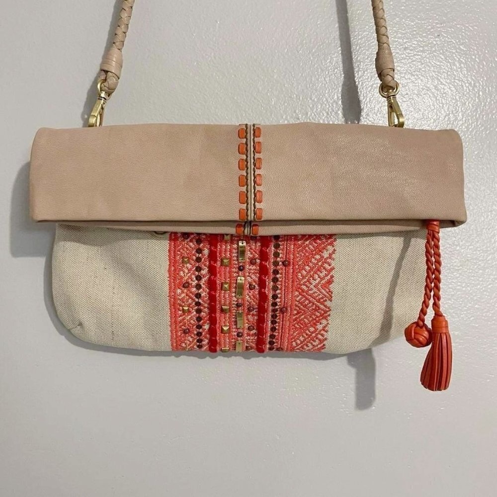 Isabella Fiore Beige and Coral Embroidered Fold-Over Crossbody Bag